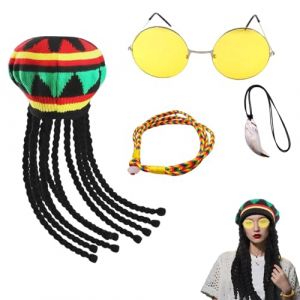 Ensemble De Chapeau Rasta Dreadlocks, Perruque Rasta, Dreadlocks Rastas, Casquette Reggae &Agrave; Tresses Avec Lunettes Jaunes, Collier, Bracelet, Id&eacute;al Pour Carnaval, Les Jeux De R&ocirc;le Et Halloween (Fogotech, neuf)