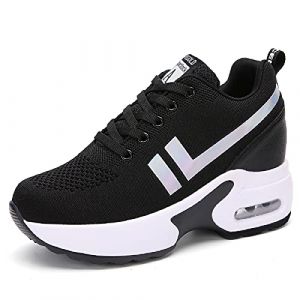 AONEGOLD Baskets Compensées Femmes Chaussure de Sport Gym Fitness Sneakers Lacets Plateforme Talon 8cm(Noir-1298,Taille 34) (ZYBEU, neuf)
