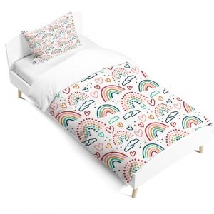 Housse de couette pour enfant arc-en-ciel, taie d'oreiller 40 x 60 cm, housse de couette 120 x 150 cm, nuages ​​en style dessin anim&eacute;, parure de lit avec fermeture &eacute;clair lisse. (Style F, 120x150cm) (CR-EU-STORE, neuf)