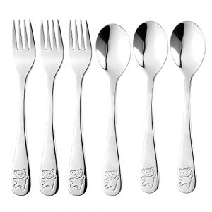 Lanjue 6 Pièces Set de Couverts en INOX Enfant, 3 x Fourchette et 3 x Cuillère pour Enfant Bébé Maison l'école Utilisation (Ours, Argent) (zhengxiaobing, neuf)