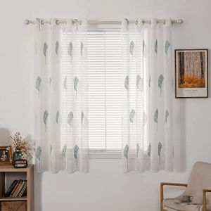MIULEE Rideaux Voilage Court avec Beau Motif de Feuilles Turquoise et Blanc, Int&eacute;rieurs Rideau Voile Brod&eacute; a Oeillets Largeur 140 CM Hauteur 175, Petit Voilage Fenetre Design Moderne Chambre Cuisine (MIULEE HOME, neuf)