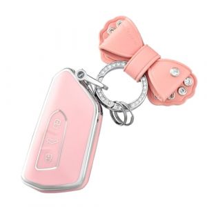 OFF WE GO Coque de Clé Voiture avec Porte-clés pour VW Coque Clé TPU 3 Bouton Accessoire Clé de Voiture pour Volkswagen Golf 8 Seat Leon MK4 Tarraco Ateca Skoda Octavia Cupra Formentor, Argent Rose (OFF WE GO, neuf)