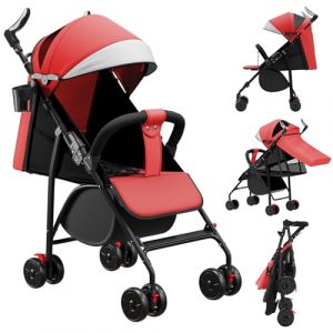 Poussette canne compacte Ingenious,avec position allong&eacute;e,de la naissance &agrave; 4 ans (Jusqu&rsquo;&agrave; 25 kg),47 * 72 * 97cm, Assis/Couch&eacute;, Moustiquaire en coton, rouge (Willanmd, neuf)