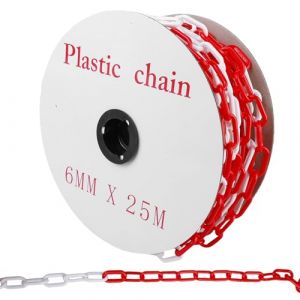 WANDGU 25 m de chaîne en plastique rouge et blanc : 6 mm d'épaisseur en plastique - Chaîne de signalisation, parking, files d'attente, chaîne en plastique idéale pour les zones de stationnement et les (VENIZELOU-EC, neuf)