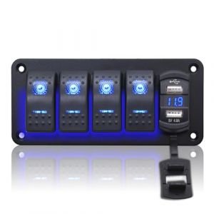 Geloo 4 Gang Panneau de Commutateur à Bascule étanche 12V/24V Marine Interrupteur avec 4,8A Dual-USB LED Voltmètre Interrupteur à Bascule pour Voiture Bateau Camion Camping-car (UKAUTO, neuf)