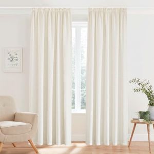 PONY DANCE Rideaux Voilage - Rideau Lin Naturel Draperies Demi Transparent Décoration de Salon Maison Romantique Galon Fronceur, Largeur 140cm sur Hauteur 300cm, Beige Clair, Lot de 2 (RYB HOME EU, neuf)