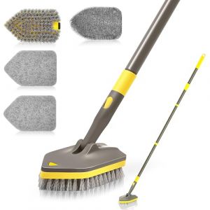NEWE Brosse de Nettoyage, Brosse &agrave; R&eacute;curer avec Manche Long T&eacute;lescopique 142 cm, 4 T&ecirc;tes de Lavage pour Nettoyer la Salle de Bain, la Baignoire, Le Sol, la Plinthe, l'&eacute;vier, la Cuisine Brun Jaune (NEW E, neuf)
