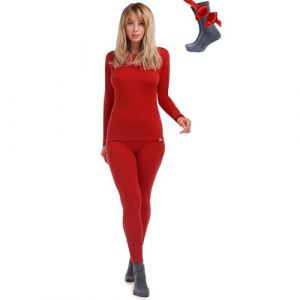 Merino.Tech Vetement Femme Ensemble Laine Merinos - 100% Merino Wool Haut et Bas avec Chaussettes Lourd, Moyen, L&eacute;ger (Medium, 250 Cherry Red) (MR.EQUIPP LIMITED, neuf)