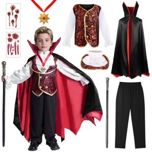 BITOYO Deguisement Vampire Enfant, Costume Halloween Enfant Garcon, 8 pièces Déguisement Carnaval Vampire Garcon avec Cape, Dentier Vampiro, Sceptre, pour Déguisement Dracula Gothique Cosplay (Aumei Vision SIA, neuf)