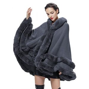 BEAUTELICATE Poncho Fourrure Femme Cape à Capuche Châle Étole Tricoté Manteau Léger pour Automne Hiver Mariage Soirée Gala Mariée Demoiselle d'honneur(Taille Unique, Gris Fumé) (BEAUTELICATE-FR, neuf)