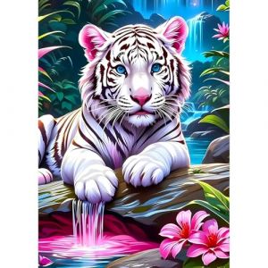 QINRUBB DIY Tigre Blanc Peinture Diamant Painting Kit, 5D Tigre Art du Diamant Complet Kits, Fleurs Diamond Art Kits Point de Croix Painting pour Adultes Débutants Maison Décor 30X40cm (QINRUBB Store, neuf)