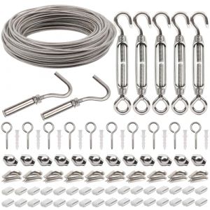 YIKAOMAI&reg; Kit c&acirc;ble m&eacute;tallique en acier inoxydable 304, 50 m, 2 mm, avec rev&ecirc;tement en PVC, pour treillis m&eacute;tallique de jardin, cl&ocirc;ture &agrave; grillage, corde &agrave; linge de terrasse, (kit de c&acirc;ble en acier (ECOMAP, neuf)