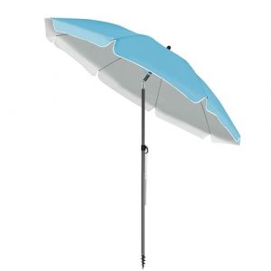 BelleMax Parasol de Plage Exterieur, avec ancre de sable 12 cm & Sac de Parasol, Inclinable sur 30&deg;, Hauteur r&eacute;glable, pour Balcon, Plage, Terrasse, Protection Solaire UV50 +,Bleu Ciel,180 cm (Ominia, neuf)