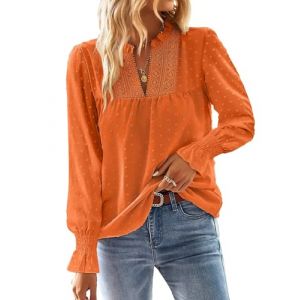 TUUHAW Chemise Femme Chic et &Eacute;l&eacute;gant Automne Manches Longues Boh&egrave;me Top Col en V Manche &agrave; Volants Dentelle Haut T-Shirts &agrave; Point Suisse D&eacute;contract&eacute; Fluide Tunique Orange Vif XL (TROFANO, neuf)