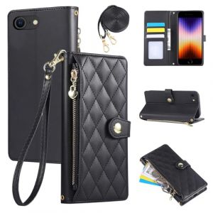 Rosbtib &Eacute;tui pour iPhone SE (2022/2020) / iPhone 8/7 4.7", Coque pour t&eacute;l&eacute;phone Portable en Cuir PU avec Broderie en Losange, iPhone SE/8/7 &Eacute;tui &agrave; Rabat avec dragonne et bandouli&egrave;re, Noir (Tengkai Technology, neuf)