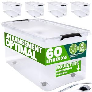 Deuba® 4X Boîte de Rangement 60L en Plastique Transparent empilable sans BPA Gain de Place Caisse de Rangement roulettes (DEUBA-FR, neuf)