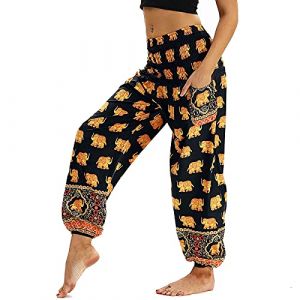 Nuofengkudu Femme Harem Pantalon Sarouel Thaïlandais Hippie Baggy Léger Boho Ethnique Smockée Taille Haute avec Poches Yoga Pants Été Plage ,Jaune Éléphant,Taille unique (better Life, neuf)