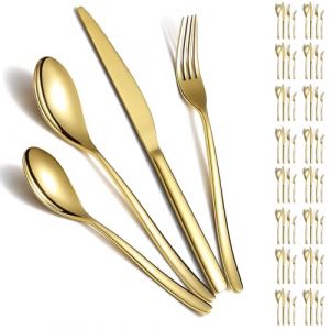 Berglander Ensemble de couverts en or 48pcs pour 12, couverts en acier inoxydable plaqué titane doré, couteaux pour la maison, le mariage, le Restaurant, l’hôtel, le lave-vaisselle (Berglander Houseware, neuf)