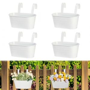 LCUHAVA 4 Pièces Pots de Fleurs à Suspendre en Métal, Grandes Pot Suspendu, Jardiniere Balcon 27 cm, avec Trou de Drainage, pour Clôture de Balcon, Décoration de Jardin, Clôture Murale (Blanc) (dianranxiaodian, neuf)