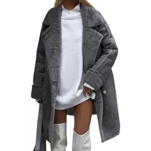 shownicer Manteau Femme Hiver Chaud Manteau De Daim Manches Longues Revers Manteau en Polaire &Eacute;l&eacute;gant D&eacute;contract&eacute;e Blousons Long Veste &agrave; Bouton Parka Outercoat A Gris Fonc&eacute; L (XShow River, neuf)