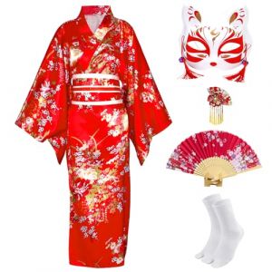 CRFASIBE 5 Pi&egrave;ces Kimono Japonais Femme, Motif Floral Kimono Robe, Japonais Peignoir Yukata Geisha, D&eacute;guisement Cosplay Costume Set avec Accessoires (Rouge) (YEEGERINC, neuf)