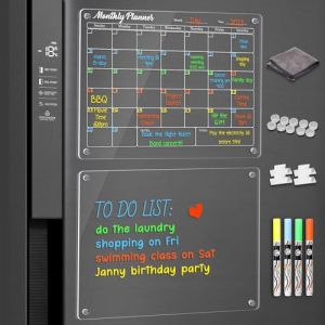 ANLIOTE Lot de 2 Calendrier Magnétique Frigo, 40 x 30cm Planificateurs Magnétiques et Mémo, Tableau Transparent Effaçable à Sec en Acrylique, Facile à Lire et à Nettoyer, 4 Marqueurs Craie de Couleurs (AOSOT, neuf)