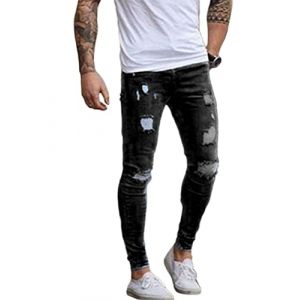 Oanviso Jean Troué Homme Style Hip Hop Détruit Trou Pantalon en Denim Extensible Couleur Unie Jeans Trou Cassé Streetwear Jeans Moulants Trekking Grande Taille J Noir L (Osheoiso Inc., neuf)