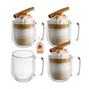 Intirilife Set de 4 Verres Thermiques &agrave; Double paroi -150-200ml- souffl&eacute;s &agrave; la Bouche et isol&eacute;s pour Espresso Cappuccino, Verres &agrave; th&eacute; Verres &agrave; caf&eacute; Tasses &agrave; Latte, Effet de l&eacute;vitation avec Anse (cadorabo-shop, neuf)