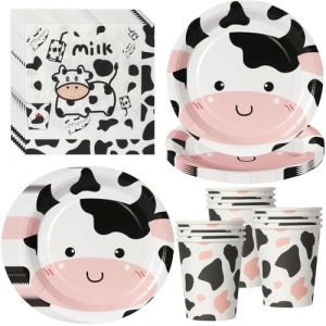 PYAILI Lot de 52 pi&egrave;ces th&egrave;me ferme Assiettes, gobelets et serviettes pour d&eacute;coration d'anniversaire avec motifs vache, pour 16 invit&eacute;s (Mengtuo, neuf)