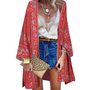 Kimono Plage Femme &Eacute;t&eacute; Cardigan de Plage Par&eacute;o Boho Bikini Cover Up Manches Longues Long Shawl Imprim&eacute; Floral Cache-Maillots et Sarongs Beachwear,Rouge,XL (XT-Direct, neuf)