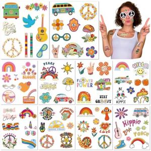 10 Feuilles Tatouages Temporaires Hippie Ann&eacute;es 70 R&eacute;sistants &agrave; l'Eau Paix Amour Flower Power Smiley Arc-en-Ciel Autocollants pour Anniversaire F&ecirc;te de Groupe Festival (PEKNUX, neuf)