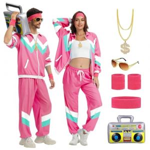 OPAEHJF Tenue des ann&eacute;es 80 et 90 pour homme et femme - Surv&ecirc;tement r&eacute;tro des ann&eacute;es 80 - Veste - Pantalon - Avec cha&icirc;ne dor&eacute;e - Radio gonflable - Pour carnaval (rose, XS) (TFAJH, neuf)