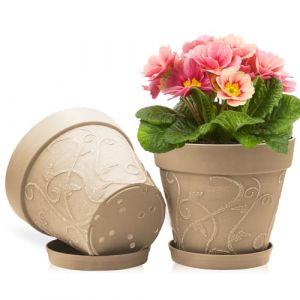 ZMTECH 25 cm Pots avec Soucoupes et Trous de Drainage, Pot de Plante Plastique Aspect Terre Cuite, Pot de Fleur Grand avec Plateau pour Plantes d'Int&eacute;rieur Ext&eacute;rieur (Brun Clair, Lot de 2) (ZMTING, neuf)