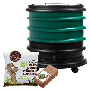 WORMbox | Lombricomposteur 3 Plateaux Vert Foncé + 250gr de vers de Compost + 1 Bloc Coco | 48 litres | Compostez Vos déchets organiques, Les vers de Terre / lombrics produisent du lombricompost (Ferme du Moutta, neuf)