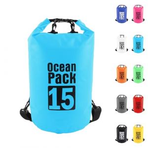 15L Sac &eacute;tanche Polyvalent, 2L/5L/10L/15L/20L/30L Bleu Ciel Waterproof Dry Bag avec Longue Bandouli&egrave;re R&eacute;glable Sac &agrave; Dos Confort Imperm&eacute;able pour Bateau/Kayak/P&ecirc;che/Rafting/Natation/Camping/Snowboard (MUDAMUDA Store, neuf)