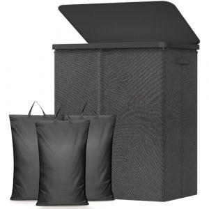 Lifewit Panier a Linge 3 Compartiment 160L, Corbeille a Linge Plastique avec Couvercle, Grand Bac a Linge avec Plastique Poignées et 3 Sacs Amovibles pour Chambre, Salle de Bain, Buanderie, Gris Foncé (Lifewit Home FR, neuf)