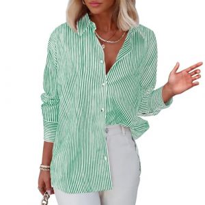 Chemisier Femme Chic Et &eacute;L&eacute;gant, Chemise Femme Ray&eacute;e Boutonn&eacute;e Col Montant Chemise Ample D&eacute;Contract&eacute;e &agrave; Manches Longues avec Poches Haut De Chemise De Travail Classique, Vert Menthe, M (Zawalud, neuf)