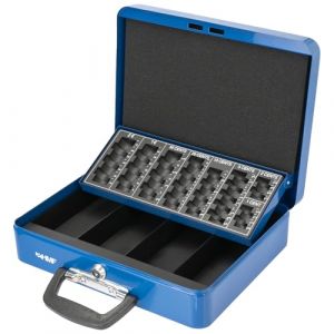 HMF 10016-05 Caisse à monnaie verrouillable avec tableau de comptage des pièces, caisse avec poignée de valise | 30,5 x 24 x 8,5 cm | Bleu (hmf_shop, neuf)