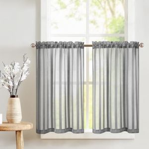 TOPICK Rideau Cuisine Voilage Court Brise Bise Placard &agrave; Rayures Gris &agrave; Passe Tringle L 90 x H 60 cm 2 Panneaux, Rideau Semi Transparent, Moderne Decoration d'Interieur pour Fenetre Chambre Salon (Audrey Home Fashion, neuf)