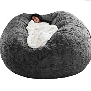 JOELEW Géant Fourrure Pouf Chaise pour Adultes Salon Meubles Grand Rond Doux Moelleux Fausse Fourrure Pouf Couverture Paresseux Canapé Lit Chaise,Gris Foncé,6 Pieds (150 × 75 Cm) (TYMSBHSH, neuf)