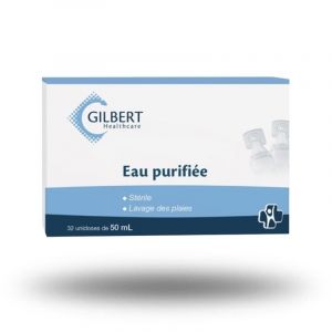 Laboratoires Gilbert, Eau purifiée stérile, 32 unidoses de 50 mL, pour lavage des plaies ou rinçage de la cavité buccale (BIOSAMPLE, neuf)