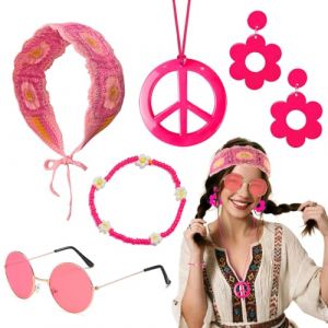 Deguisement Hippie Femme, 5pcs 60s 70s Lunette Hippie Incluent Bandeau &agrave; Tricot de Fleurs, Bracelet, Lunettes de Soleil Hippie, Collier Signe de Paix et Boucles d'oreilles Robe Fantaisie (Rose rouge) (AffeGifts FR, neuf)