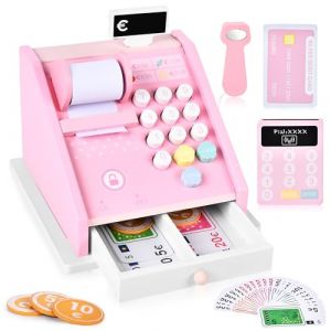 Aragallant Caisse Enregistreuse Enfants, Caisse Enregistreuse en Bois Avec Accessoires Scanner et Argent de Jeu, Caisse Enregistreuse pour Magasins Jeu de Rôle, Cadeau pour Enfant (Aragallant Etrade, neuf)