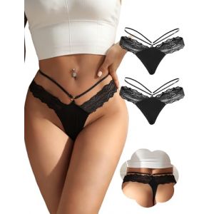 ohmydear String Femme Sexy Chic Tanga Ficelle Slip Femme Entrejambe en Coton Lingerie Hot Dentelle Panties Soie de Glace sous-V&ecirc;tements Feminins Grande Taille Culotte Chic Lot de 2 Noir (OHMYDEAR, neuf)