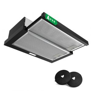 KICHPOWER Hotte Tiroir Téléscopique 60cm, Hotte Aspirante Integrée, 400 m³/h, Classe A+++, 60 dB, 2 Vitesses, Éclairage LED, Recyclage ou Évacuation, 2 Filtres à Charbon Inclus, Noir (fanyinjiaju, neuf)