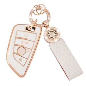 Koaudb Housse pour cl&eacute;s de voiture pour BMW X1 X2 X3 X5 X6 2 5 6 7 Series 3 4 Boutons Smart Key Case Coque avec anneau de cl&eacute; Coque de protection compl&egrave;te en TPU souple Or blanc (C-BM-4D) (Koaudb, neuf)
