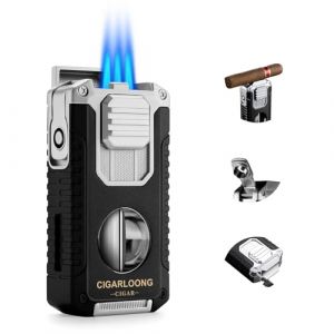 Briquet à Cigare Multifonction 5 en 1 avec Coupe Cigare en V, poinçon, Aiguilles, Porte-Cigare Le Support, Briquet Butane à Triple Jet de Flamme, sans Gaz (Noir) (Cigarking, neuf)