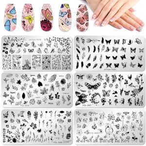 JSRQT 6 Pièces Plaques de Stamping pour Nail Art, Papillon Fleur Plume Feuilles Nail Art Pochoirs, Plaques d'art D'ongle, Modèles de Pochoirs à Ongles en Métal pour Femmes DIY Manucure (JSRQT-JR, neuf)