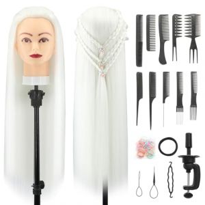Tete a Coiffer, 28 inch 100% de Cheveux Synthétiques Têtes d'exercice Tête À Coiffer Coiffure Cosmétologie tete a coiffer professionnelle Poupée avec Support + Ensemble de Tresse (Blanc) (Guangzhouxinfeifazhipinmaoyiyouxiangongsi, neuf)