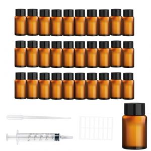 Ksnowqi 30pcs Flacon Huile Essentielle Vide 5ml, Flacon Huile de Massage, Mini Bouteilles d'huile Essentielle en Verre avec Autocollant Pipette pour Parfum, Huile (Jiyang20, neuf)